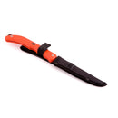 EKA Swedish fillet knife with orange handle and black cordura sheath, dual blade gut opener for fishing and sailing use