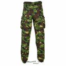 Genuine British Army DPM combat trousers in 95 woodland camouflage with reinforced knees and cargo pockets.