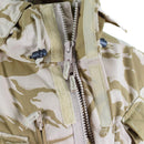 Close-up of genuine British army desert camo windproof parka jacket with zipper, hood, and Velcro fastening details