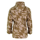 Back view of genuine British army desert camo DPM windproof parka jacket with adjustable waist and hood.