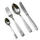 German military stainless steel cutlery set with fork, large spoon, knife, and teaspoon on white background