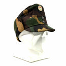 Hungarian camouflage army winter field cap with neck flap and Hungarian flag badge on front displayed on white mannequin head