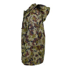 Side view of genuine Romanian Army Parka M93 with combat camo leaf pattern and adjustable hood and pockets