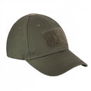 Military green tactical baseball cap with adjustable strap and front patch, lightweight and foldable for outdoor use.