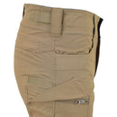 Coyote brown military style bermuda shorts with sturdy cotton ripstop fabric and multiple secure pockets visible from side view.