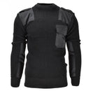 Mil-Tec black German Bundeswehr pullover sweater with reinforced elbows, shoulder pads, epaulets, and chest pocket design.