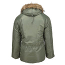 Back view of MIL-TEC olive green military style aviator parka with faux fur hood for cold weather protection