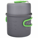Compact gray solo cooking pot and pan set with bright green handles for camping and backpacking use