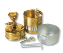 Solid brass Optimus Svea classic white gas burner stove with pot, windshield, and key for outdoor camping use.