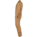 Side view of beige British Military Aircrew MK 16 B RAF aramid flight suit coverall with pockets and adjustable cuffs