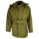 Original Czech army M85 olive green field parka with hood, belt, and multiple pockets, vintage military winter jacket.