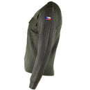 Original olive drab Czech army wool sweater with V-neck, reinforced shoulders, and embroidered Czech flag on sleeve