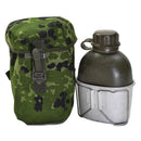 Original Danish military water flask with durable M84 camouflage pouch and aluminum canteen, gas mask compatible design.
