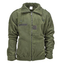 Original French Military olive green fleece jacket with high neck, reinforced elbows, and adjustable collar for outdoor warmth.