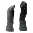 Original Swiss army gray wool mittens with durable black leather palm for secure grip and cold weather protection.