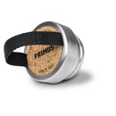 Close-up of stainless steel screw-on cork with cork finish and black webbing strap for Primus Klunken Bottle.