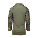 Back view of TACGEAR German Army style combat shirt with flecktarn camo sleeves and solid green torso designed for durability.
