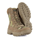 Teesar Tactical Multicam boots with side zip, durable rubber sole, reinforced toe, camo design for hiking and combat.
