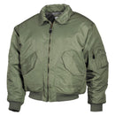 U.S. Army style olive green bomber jacket with windproof cold weather design and multiple storage pockets.