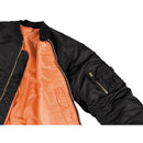 Black U.S. Army MA1 bomber jacket with orange lining, gold zipper, and multiple zippered pockets on sleeve and front.