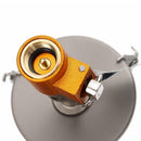 Close-up of A.Blochl AB-16 titanium camping gas burner connection and control knob with lightweight design details