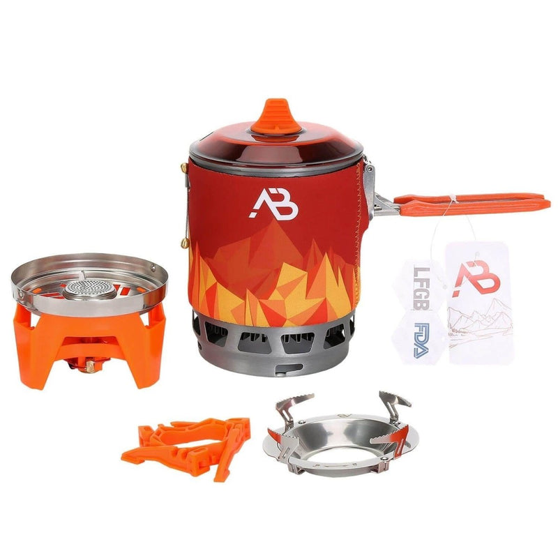A.Blochl AB-3 outdoor stove system set with compact gas cooker, wind protection, and heat exchanger for efficient fuel use.