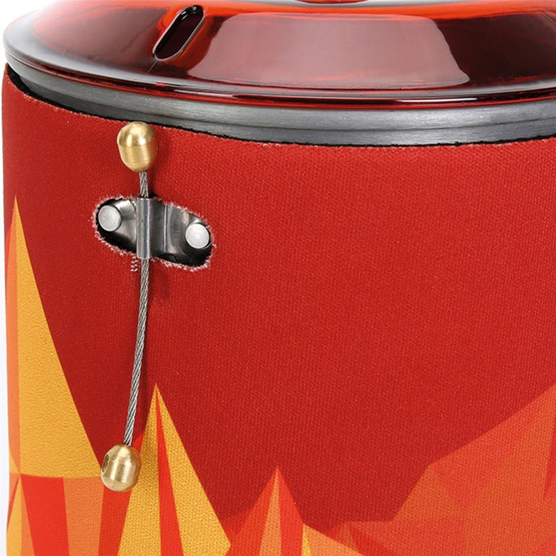 Close-up of A.Blochl AB-3 outdoor stove pot with neoprene cover and safety latch in red and orange design