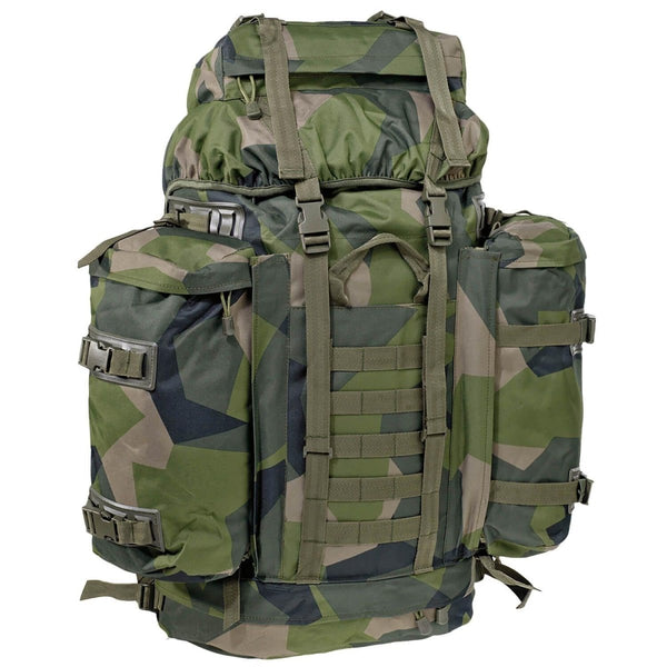 A.Blochl large 80L M90 camo mountain hiking backpack with padded straps, D-rings, Molle loops, and multiple storage compartments.