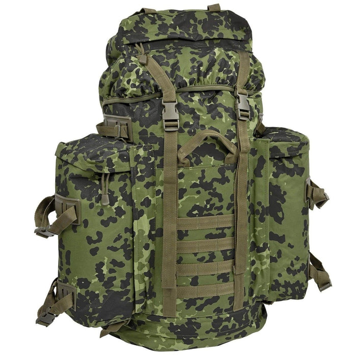 Large A.Blochl M84 camo mountain hiking daypack with padded straps, hip belt, MOLLE loops, and compartments for trekking