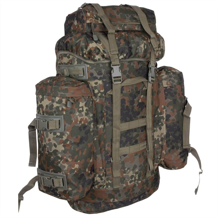 Large A.Blochl flecktarn camouflage tactical backpack with multiple compartments and adjustable straps for outdoor trekking.