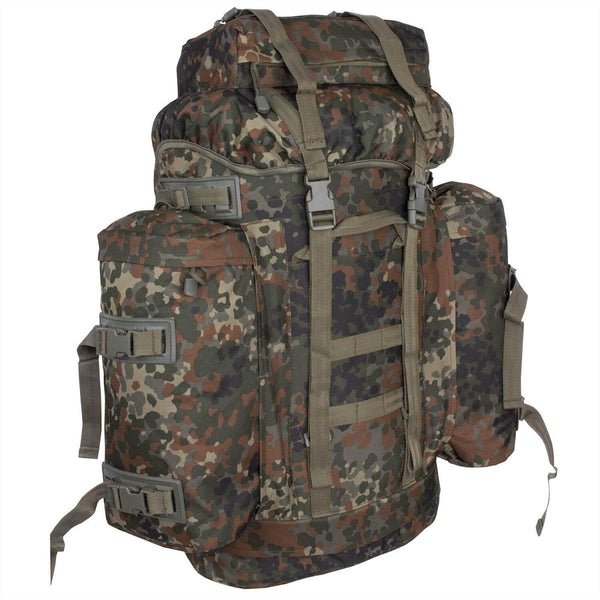 Large A.Blochl BW flecktarn camouflage tactical backpack with multiple compartments and adjustable straps for outdoor trekking.