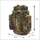 Large A.Blochl BW Mountain trekking rucksack in flecktarn camouflage, measuring 70x60x25 cm, with multiple compartments and straps.