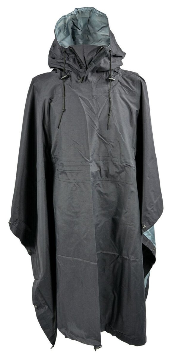Black waterproof Ale-Tex poncho with hood and zipper, lightweight windproof rain cape for outdoor use and field operations.