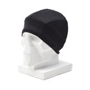 Black military style Merino wool beanie on white mannequin head, breathable and warm watch hat for outdoor use