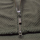 Close-up of olive green fleece fabric and durable double zipper on military style thermal jacket hooded Blochl Brand