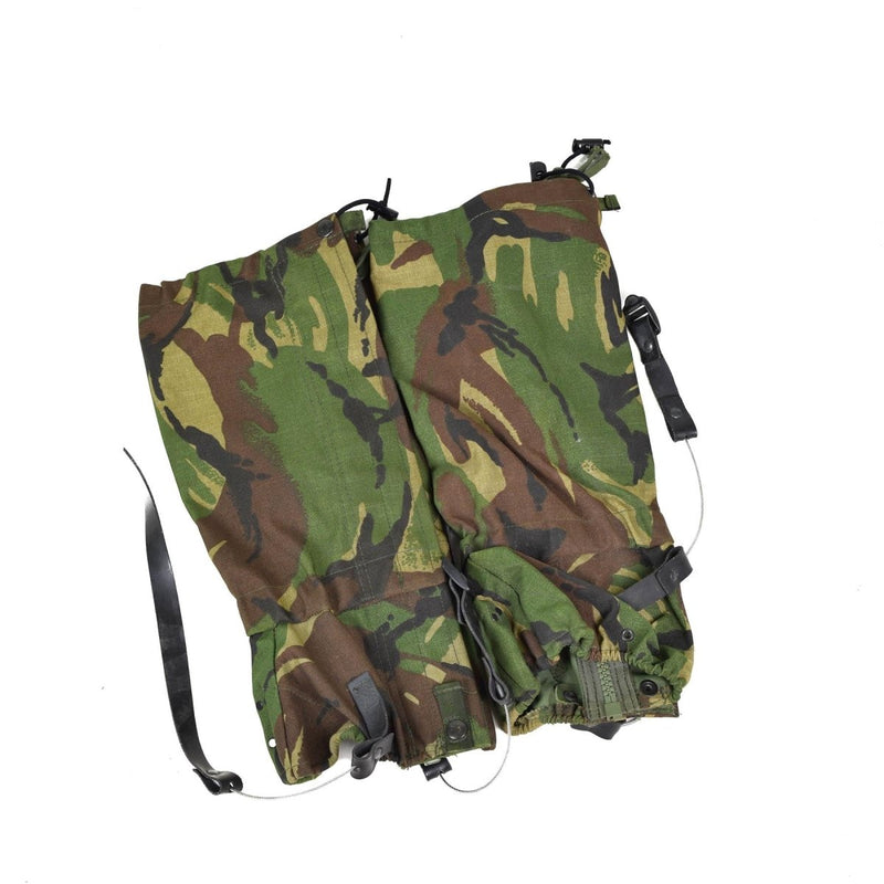 British army gaiters in DPM Woodland camouflage with steel wire straps and durable Cordura fabric protection
