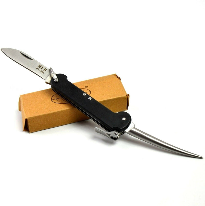 BW German Navy mariner knife with marlinspike and security lock, black handle, and folding blade on box background