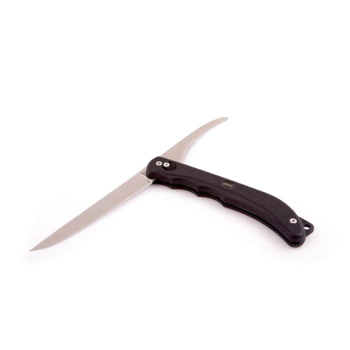 EKA DUO fillet knife with sharp 59 HRC steel blade, rubber handle, and sailor gut opener, ideal for fishing and kitchen use