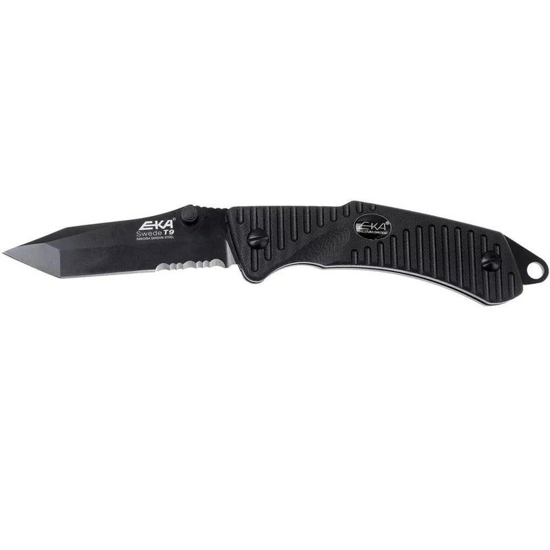 EKA Brand Swede 9 folding knife 57 HRC 12C27 steel fire starter black handle - GoMilitar