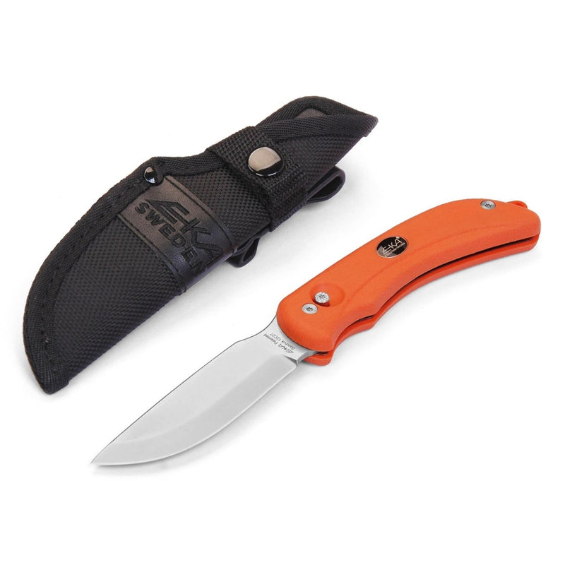 EKA Swedish fisherman knife with gut hook, 59 HRC steel blade, orange Proflex handle and black protective sheath.