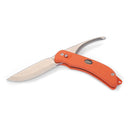 EKA Swedish fisherman knife G3 with gut hook, 59 HRC steel blades, and orange Proflex ergonomic handle.