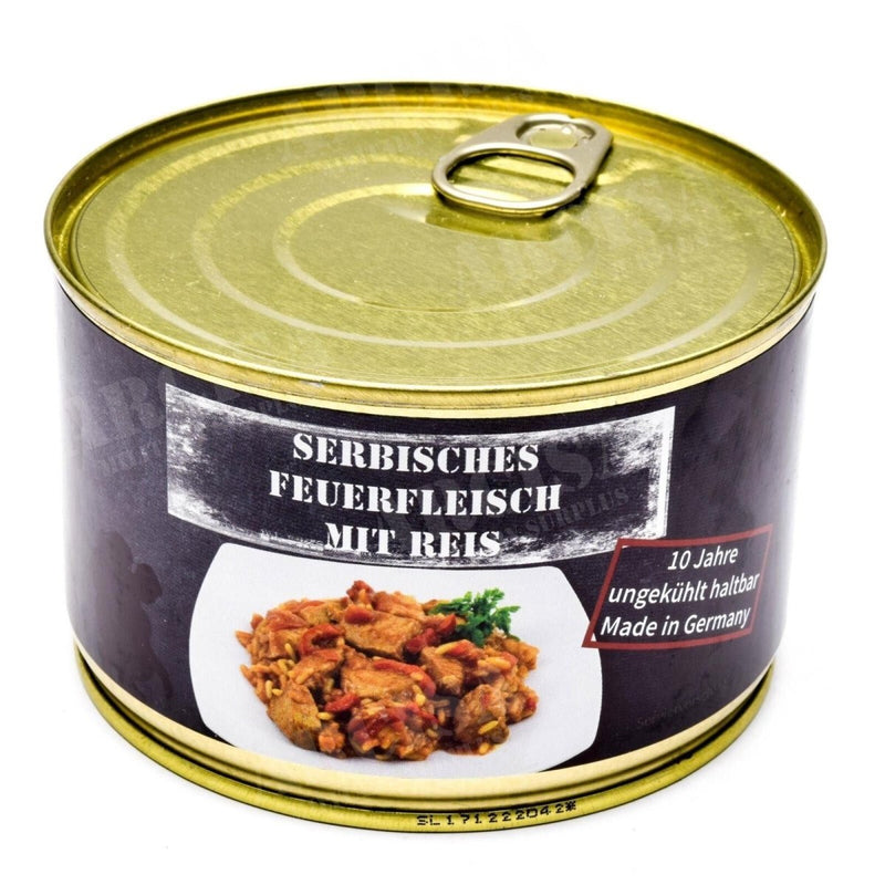 Canned Serbian pork meat with rice emergency ration food, long shelf life, made in Germany, 400g survival hiking meal.