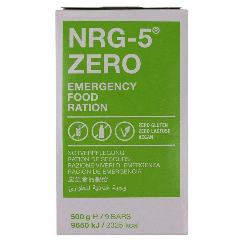 NRG-5 Zero emergency food ration pack 500g vegan gluten and lactose free with 9 bars for survival and camping