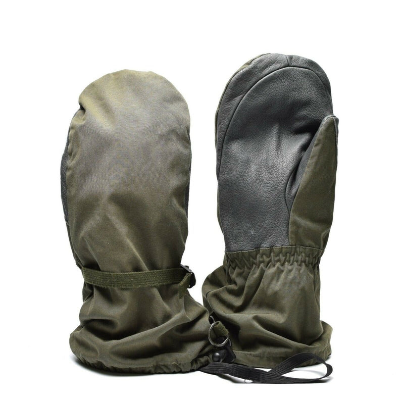 Genuine Austrian Army olive OD GoreTex mittens with waterproof leather palms for military and outdoor use.