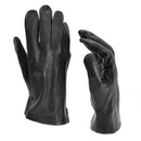 Pair of genuine Belgian army black leather military surplus full finger gloves displayed on white background