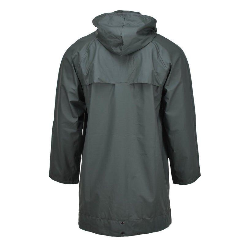 Back view of genuine Belgian army waterproof rain jacket in olive green with hood and long sleeves