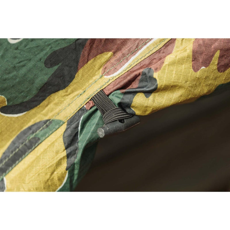 Close-up of durable ripstop fabric and elastic toggle fastener on Belgian military two-person waterproof tent