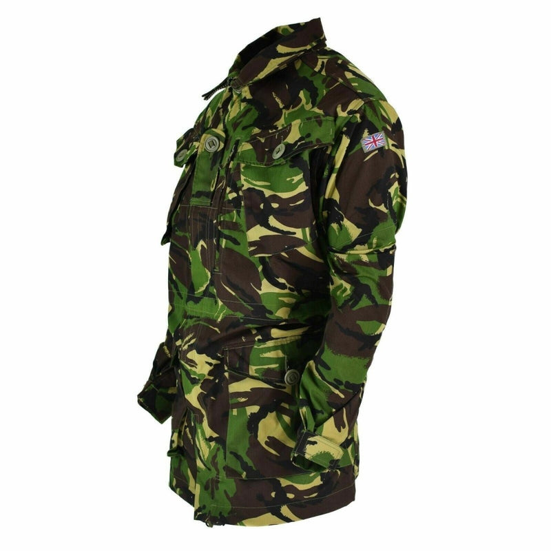British army jacket in DPM woodland camouflage with multiple pockets and adjustable fit for combat use.