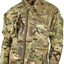 Close-up of genuine British Army lightweight MTP camo field jacket with zip and velcro pockets in multi-terrain pattern