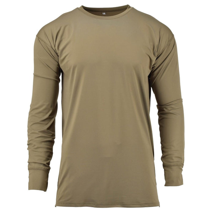 Genuine British Army brown MTP thermal undershirt long sleeves, lightweight, breathable, and antimicrobial military surplus.
